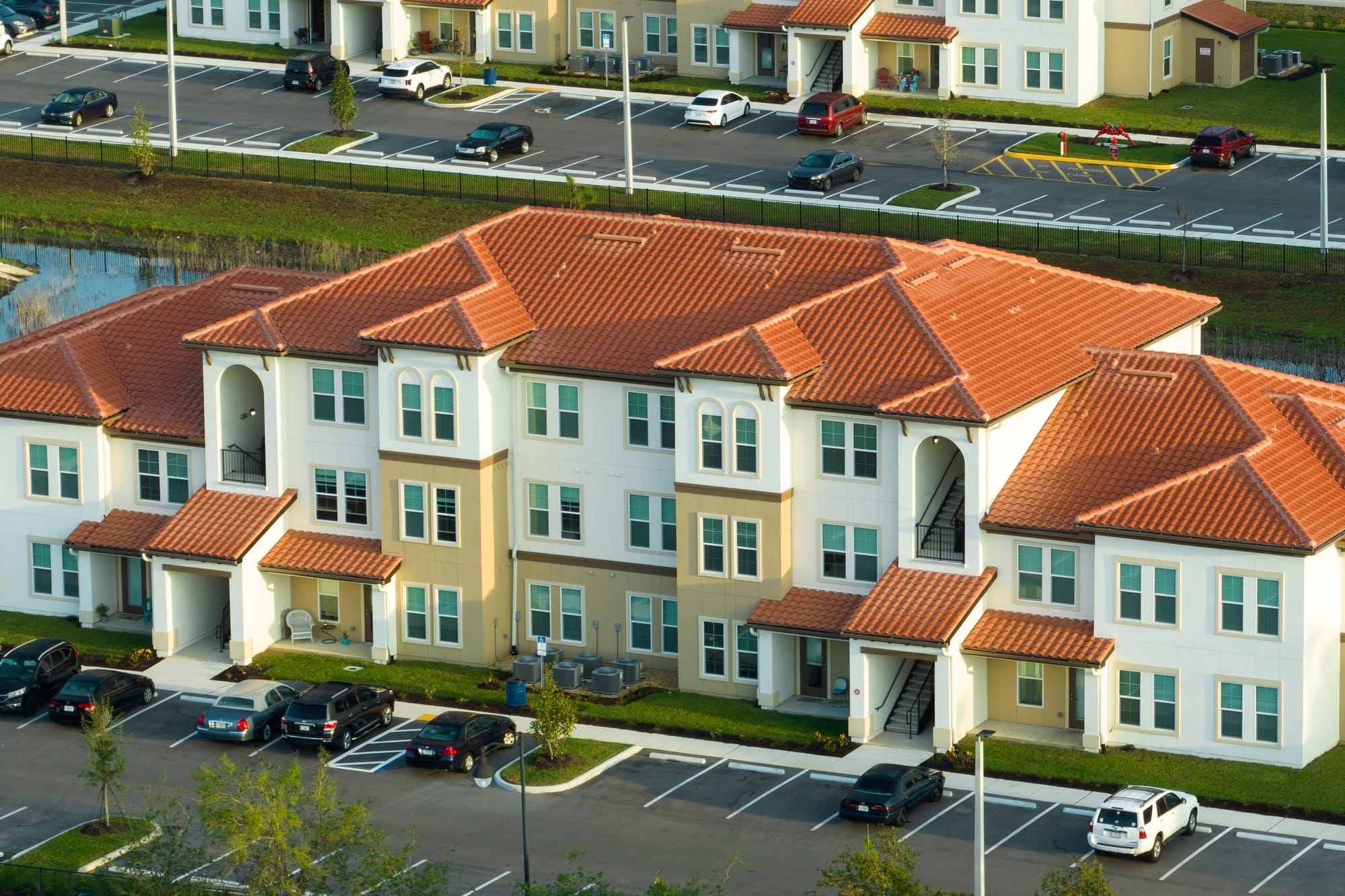 Top view of new apartment condos in Florida suburban area.